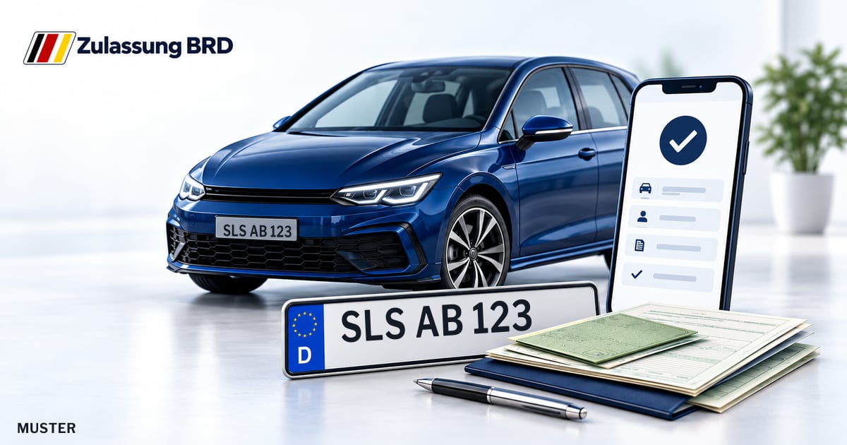 Online Fahrzeugzulassung in Überherrn: Musterkennzeichen SLS AB 123, Auto und Fahrzeugpapiere und Smartphone. Illustration mit Logo von Zulassung BRD.